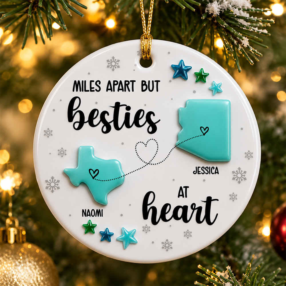 Sea Glass Effect Christmas Long Distance State Maps Besties - Real 3D Relief Ornament 2