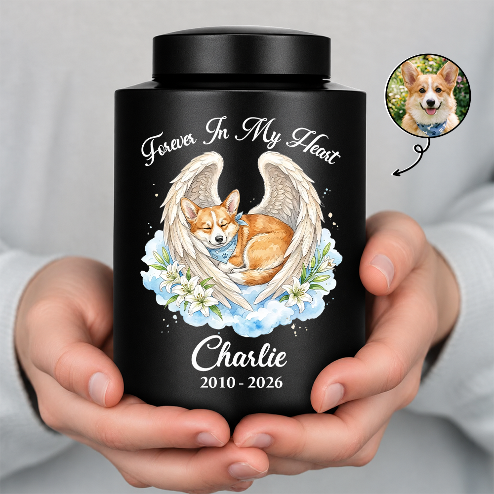 Memorial Upload Dog Cat Custom Photo - Remembrance Gift - Keepsake Wings Urn for Ashes - Stainless Steel Urn