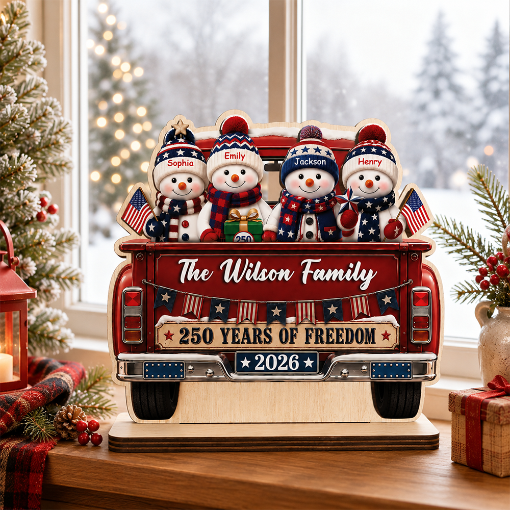 250 Years of Freedom Snowman Family - Personalized 2-Layer Wood Plaque With Flat Base