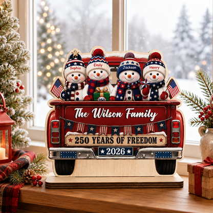 250 Years of Freedom Snowman Family - Personalized 2-Layer Wood Plaque With Flat Base