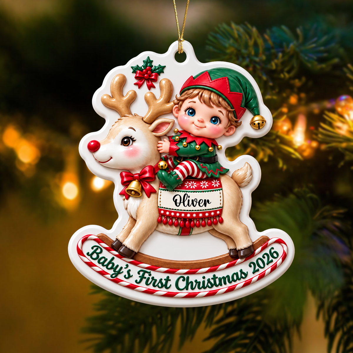 Personalized Baby's First Christmas Reindeer Ornament - Real 3D Relief Ornament