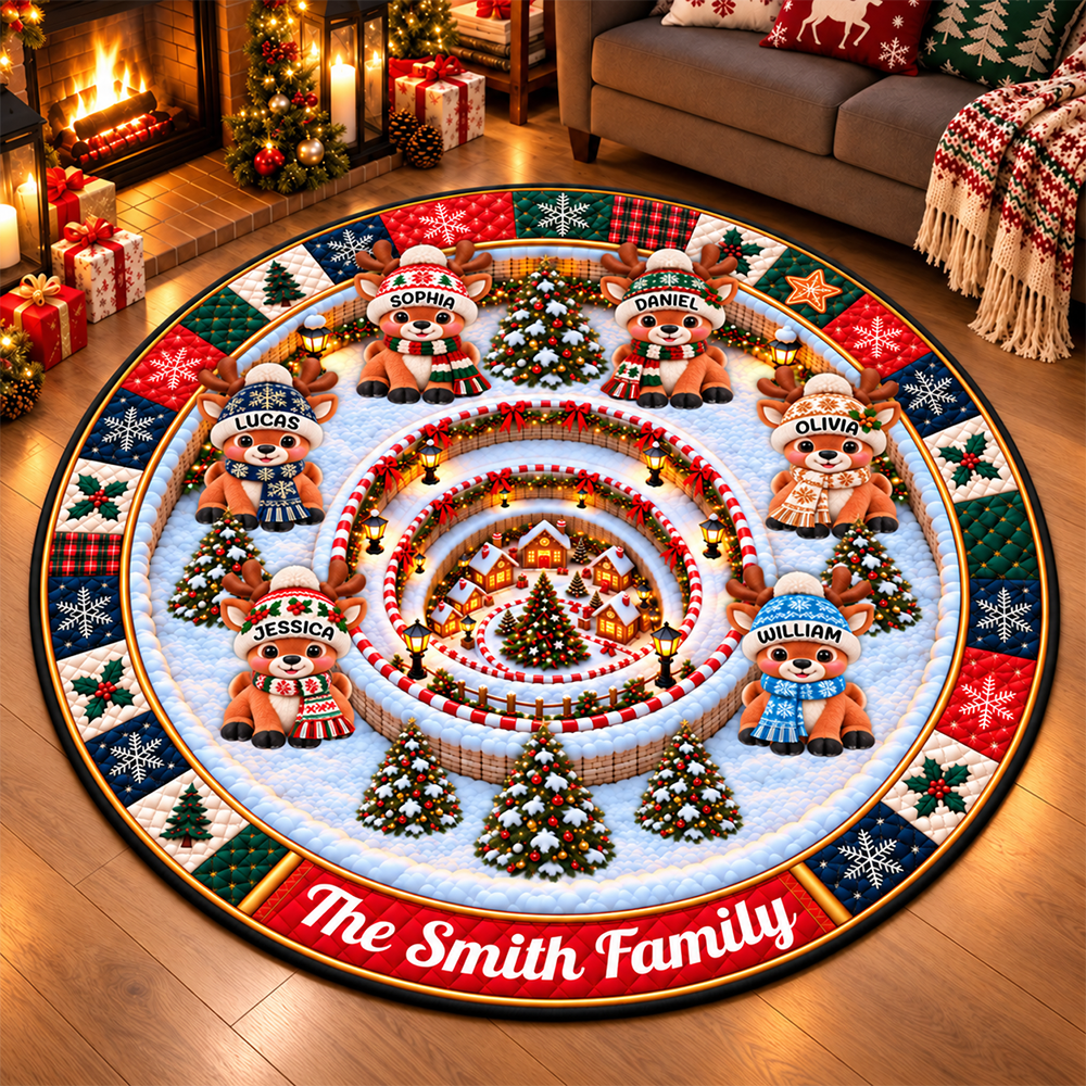 Our Little Reindeer Family Shaped Doormat - Personalized Christmas Decor 3D Round Rug