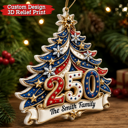 Custom Family Name Personalized 250th America Christmas Ornament - Real 3D Relief Ornament