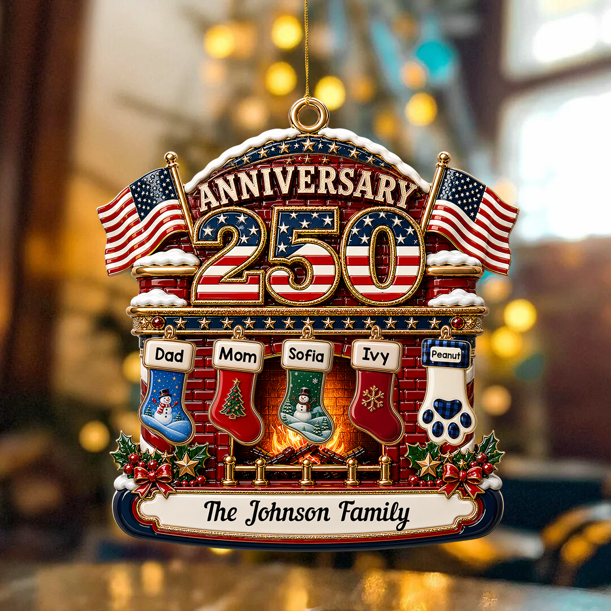 Christmas Fireplace Love United States Of America - Real 3D Relief Ornament