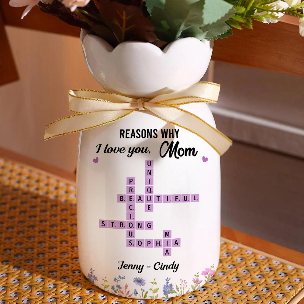 Reasons Why I Love You Mom Crossword Art - Personalized Custom Ribbon Tie Flower Vase