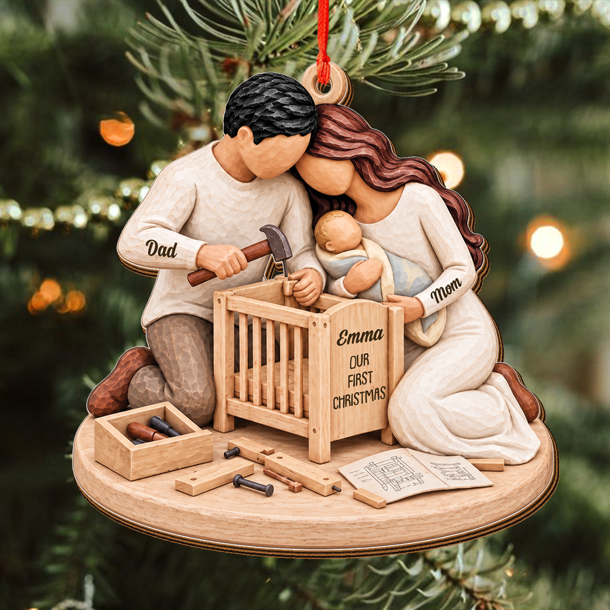 Expecting Couple Building Crib Ornament   - Custom Shaped 2 Layered Wood Christmas Ornament