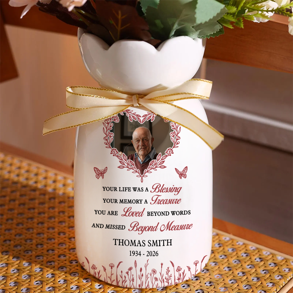 In Loving Memory Heart Photo - Personalized Custom Ribbon Tie Flower Vase