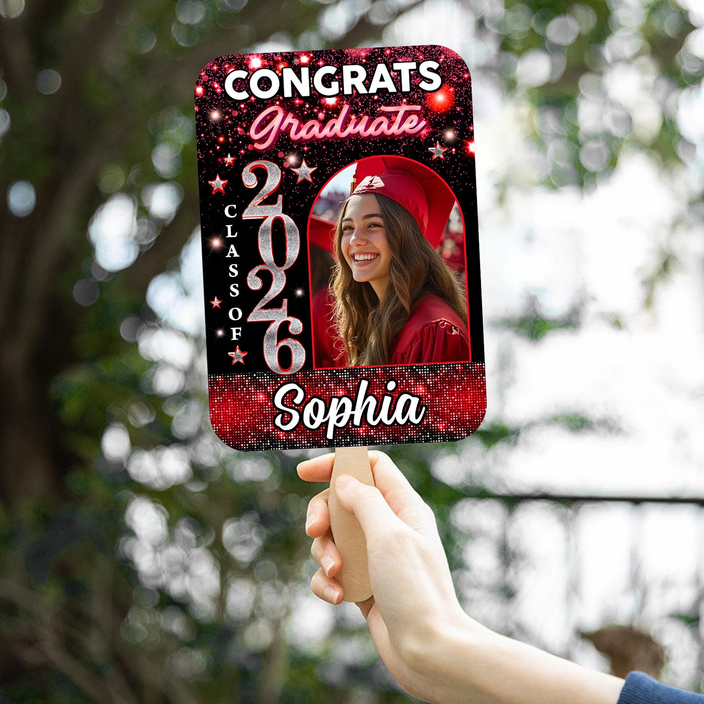 Personalized Graduation Face Fans Glitter With Wooden Handle - Fans Faces Class Of 2026