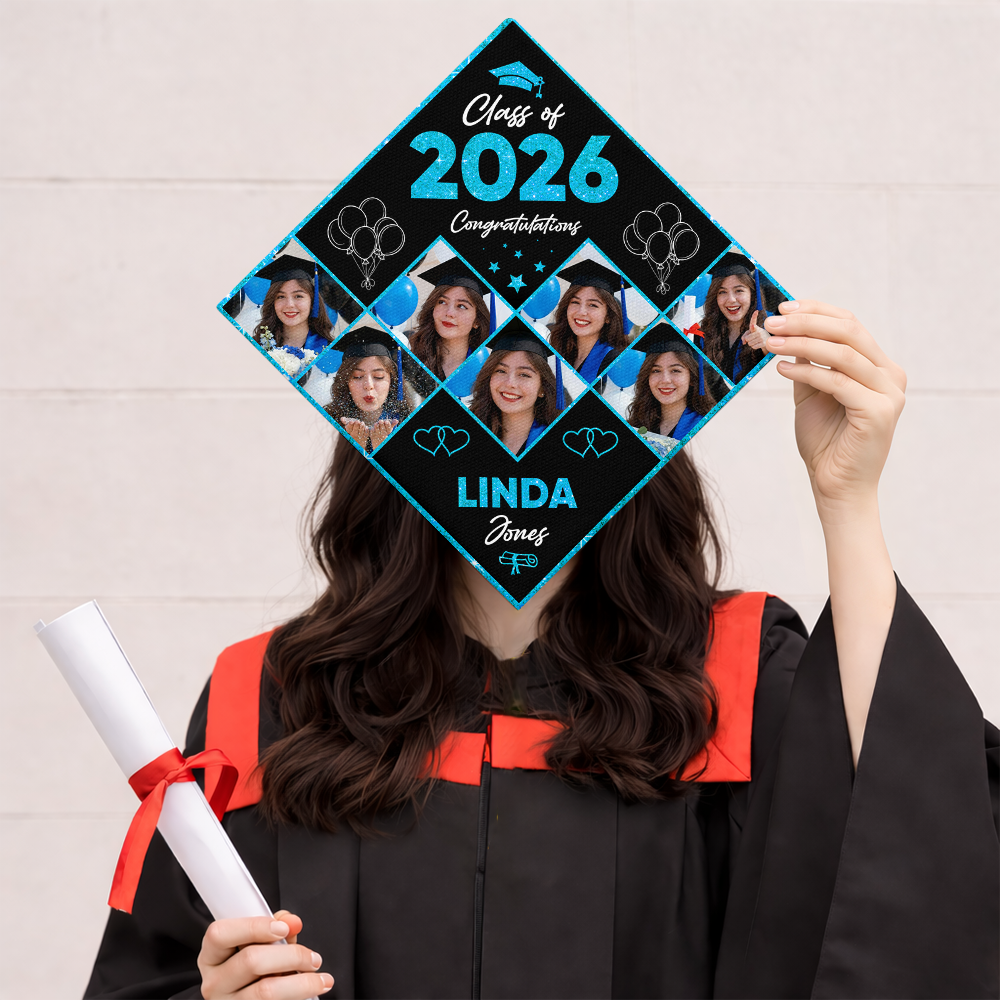 Class Of 2026 Photo Congrats Glitter Cap Topper - Personalized Printed Graduation Cap Topper