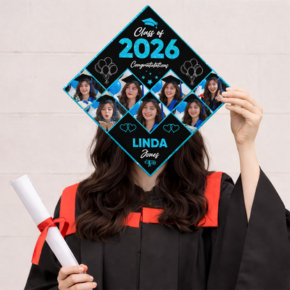 Class Of 2026 Photo Congrats Glitter Cap Topper - Personalized Printed Graduation Cap Topper