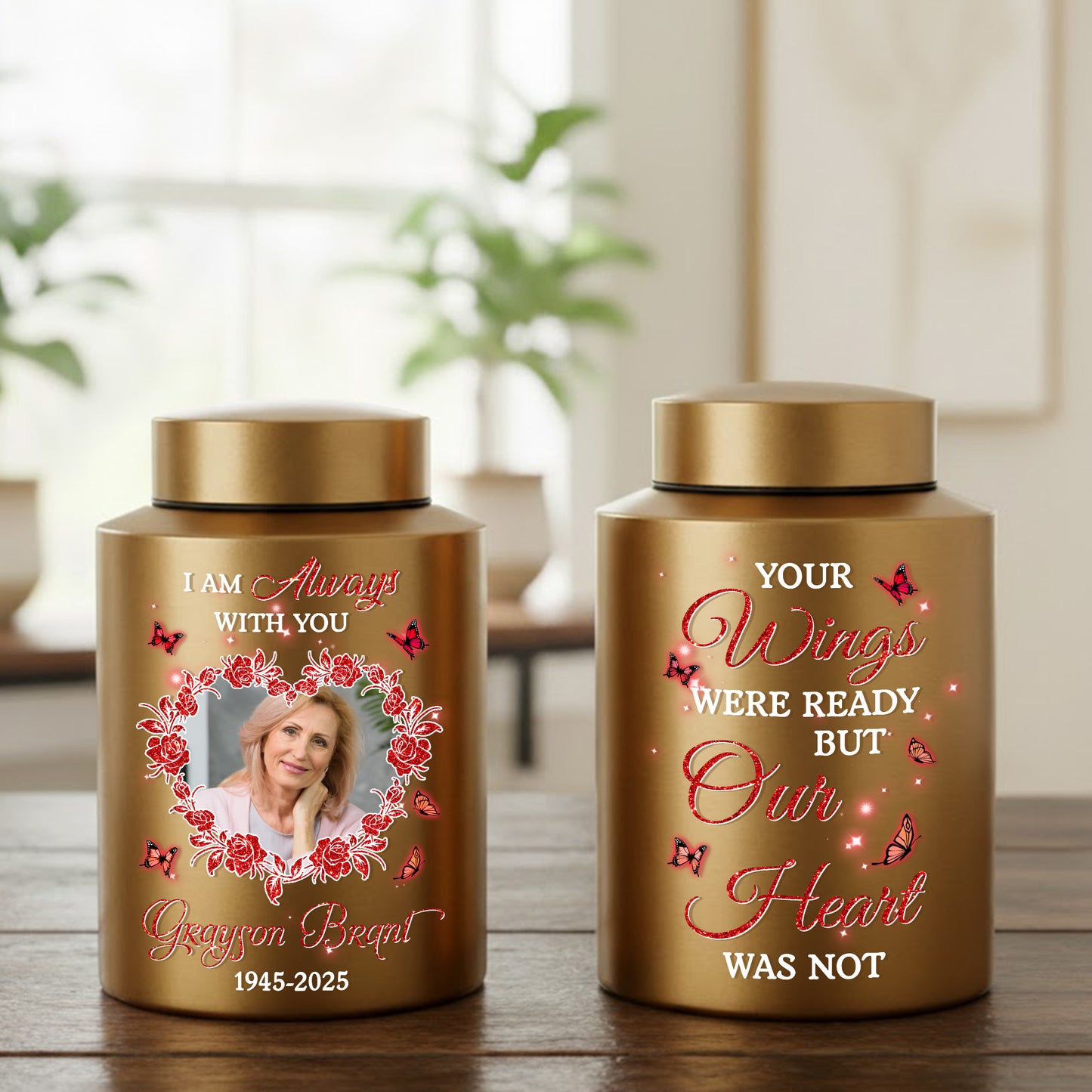 Heart Photo In Loving Memories Flowers -  Keepsake Wings Urn for Ashes - Stainless Steel Urn