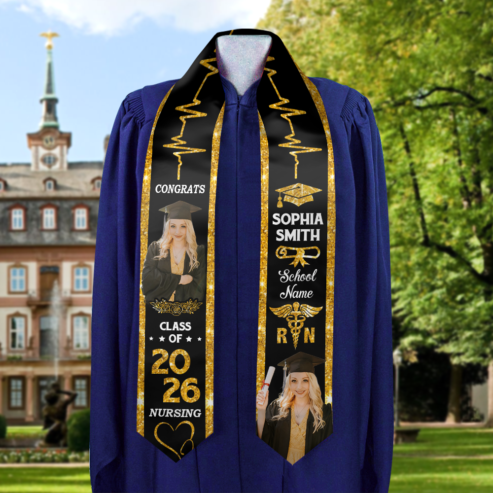 Custom Glitter Heart Beat Class of 2026 Stoles Sash - Personalized Gift For Graduation - Senior Gift