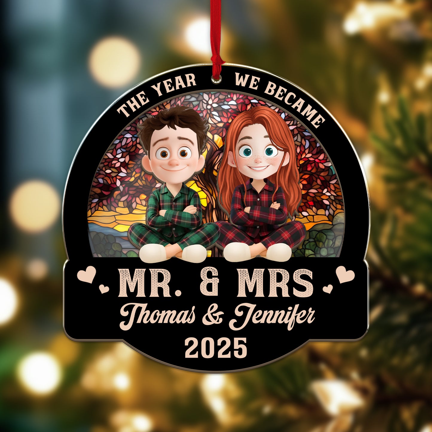 Forever Love Couple Christmas - Personalized Window Hanging Suncatcher Ornament