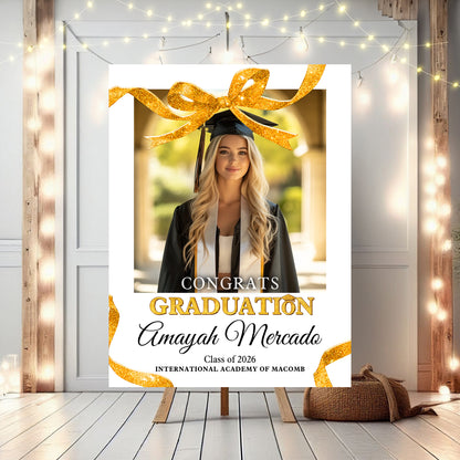 Congrats Graduation Glitter Bow - Personalized Graduation Welcome Sign - Custom Photo Welcome Sign
