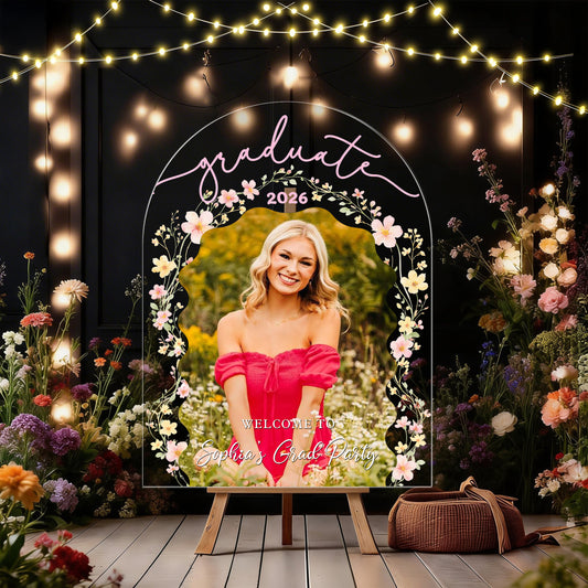 Floral Congrats Graduation Celebration - Personalized Graduation Welcome Sign - Custom Acrylic Celebration Sign