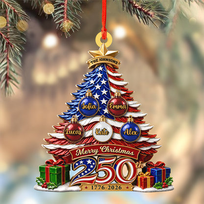 Our Patriotic Family Christmas Custom Names - Real 3D Relief Ornament 2