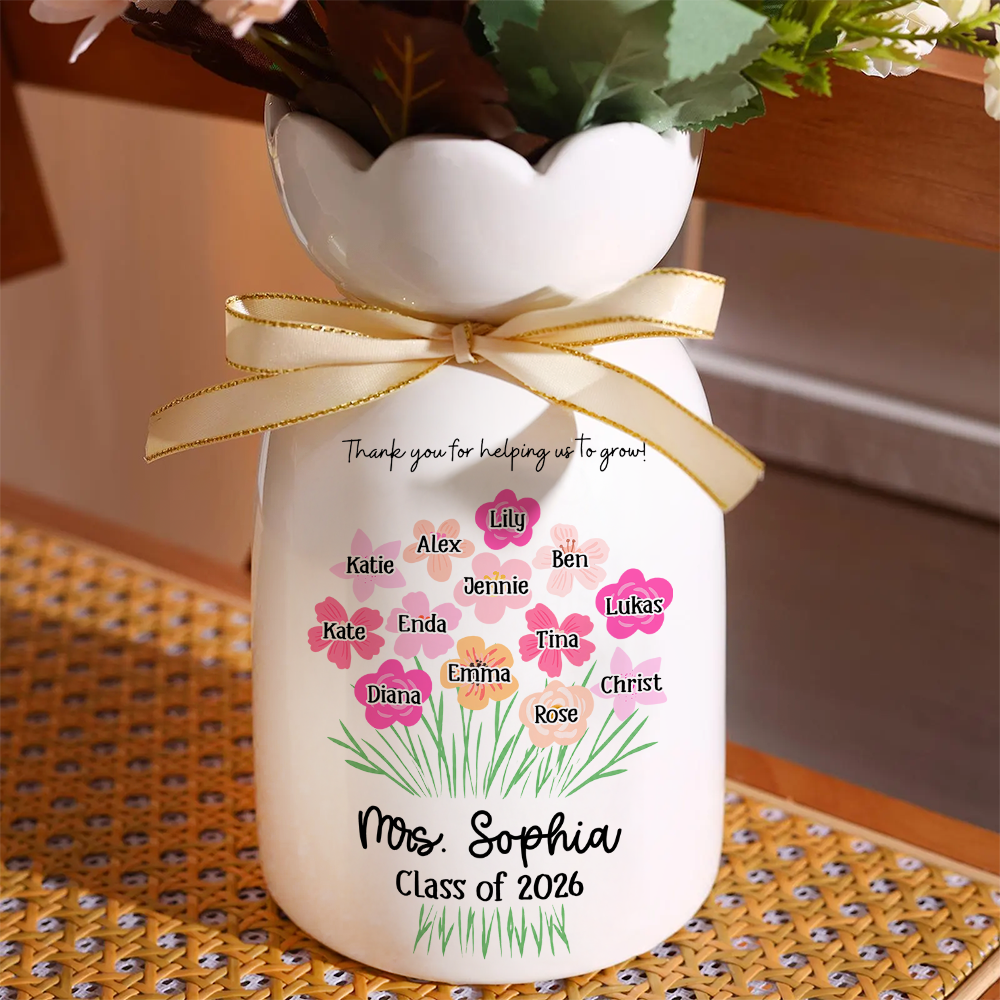 Personalized Teacher Gift - Thank You for Helping Us Grow- Personalized Custom Ribbon Tie Flower Vase