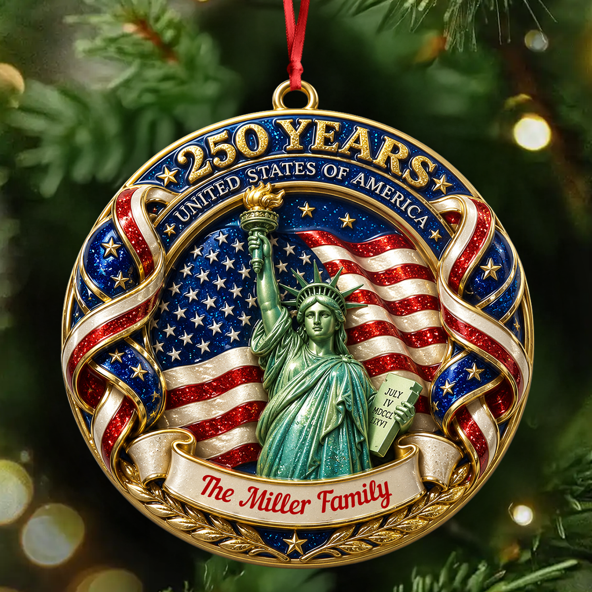 250 Years Christmas Ornament, United States Of America - Real 3D Relief Ornament