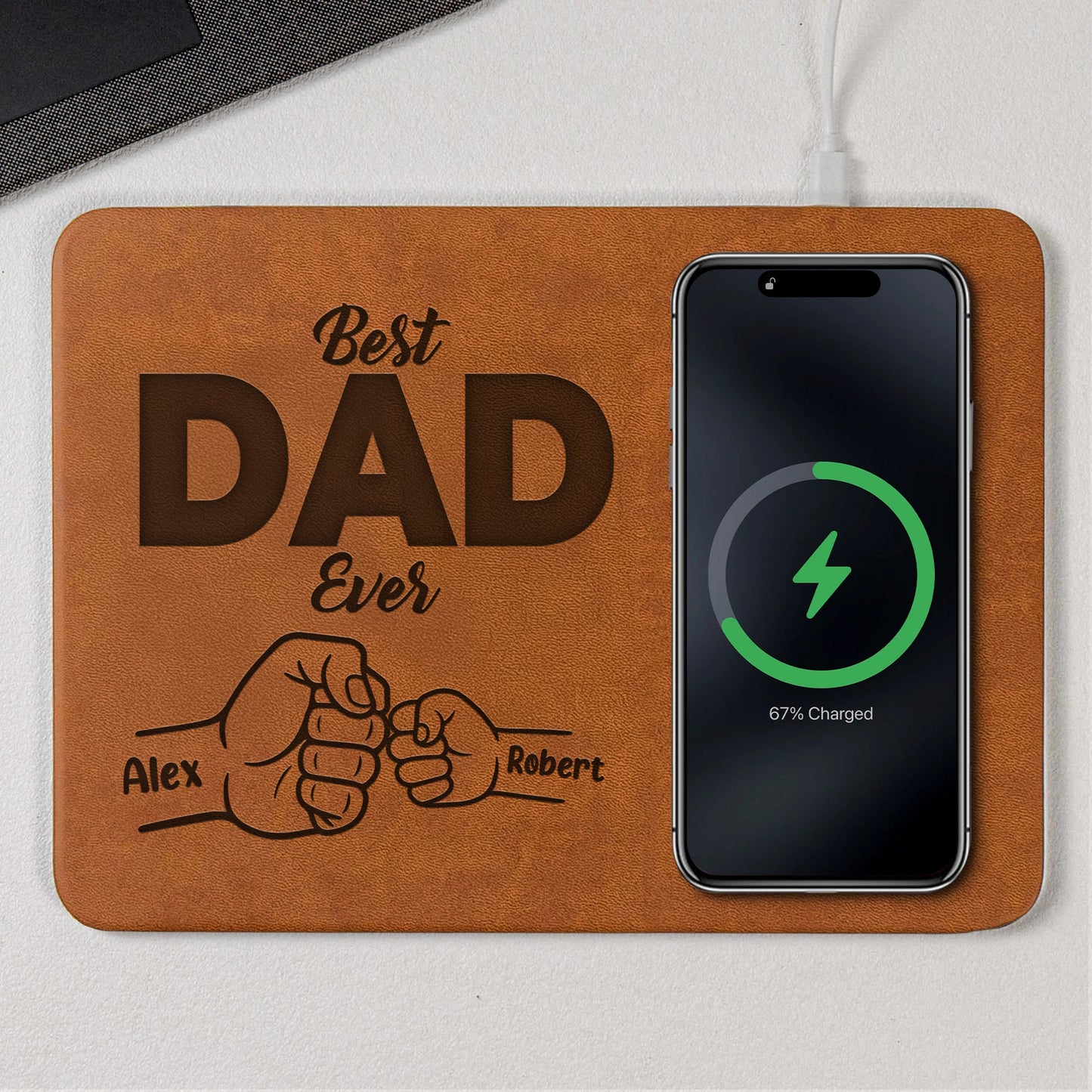 Father's Day Gifts, Custom Photo Pencil Sketch Best Dad Ever - Personalized Leather Charging Mat