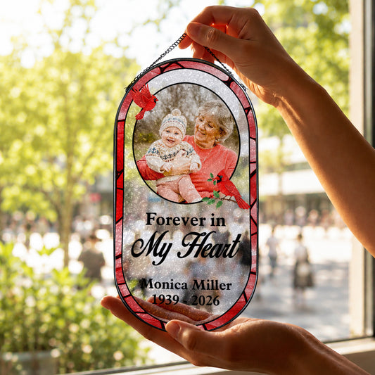 Forever In My Heart Memorial - Personalized Oval Stained Glass Suncatcher