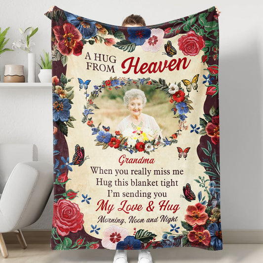 Flower Hug From Heaven - Memorial Personalized Custom Blanket - Sympathy Gift