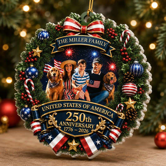Family Photo America 250th Anniversary Christmas Names - Real 3D Relief Ornament 2