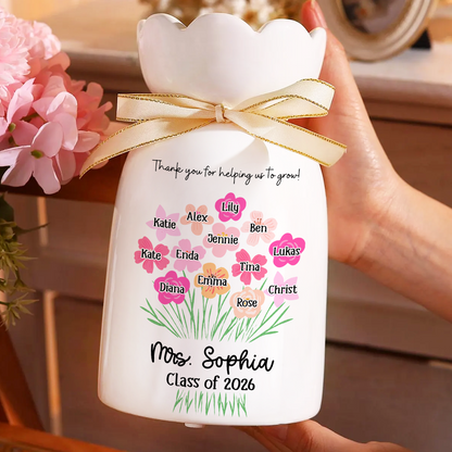 Personalized Teacher Gift - Thank You for Helping Us Grow- Personalized Custom Ribbon Tie Flower Vase
