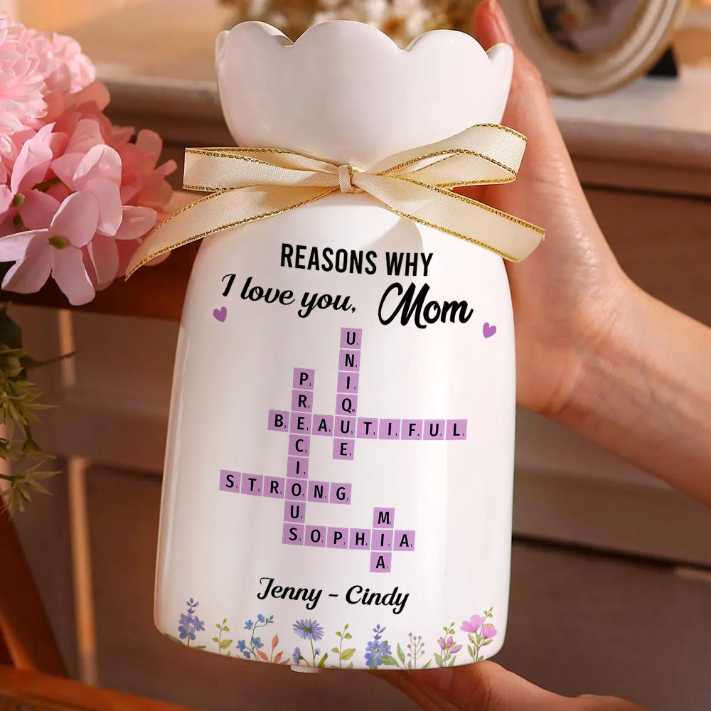 Reasons Why I Love You Mom Crossword Art - Personalized Custom Ribbon Tie Flower Vase