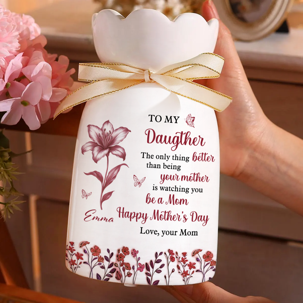 First Mom Now Grandma Birth Flower - Personalized Custom Ribbon Tie Flower Vase