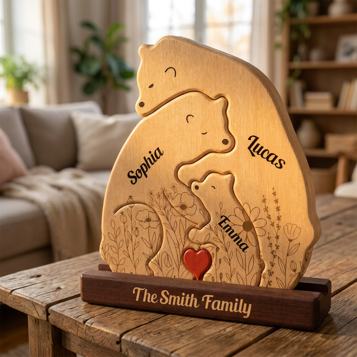 Personalized Cozy Bear Family Puzzle - Custom Wooden Name Puzzle