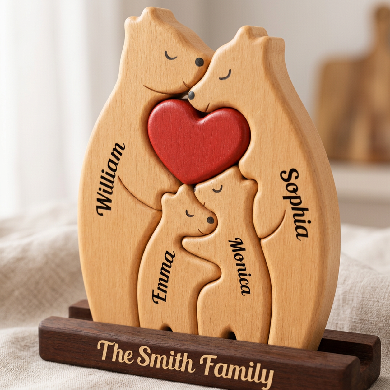 Personalized Christmas Bear Family Puzzle - Custom Wooden Name Puzzle
