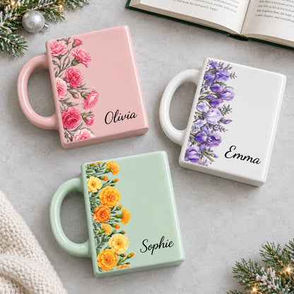 Flowers Month Book Lovers Shaped Mug - Personalized Name Gifts - Best Friend, Christmas & Birthday Friendship Keepsake Gift