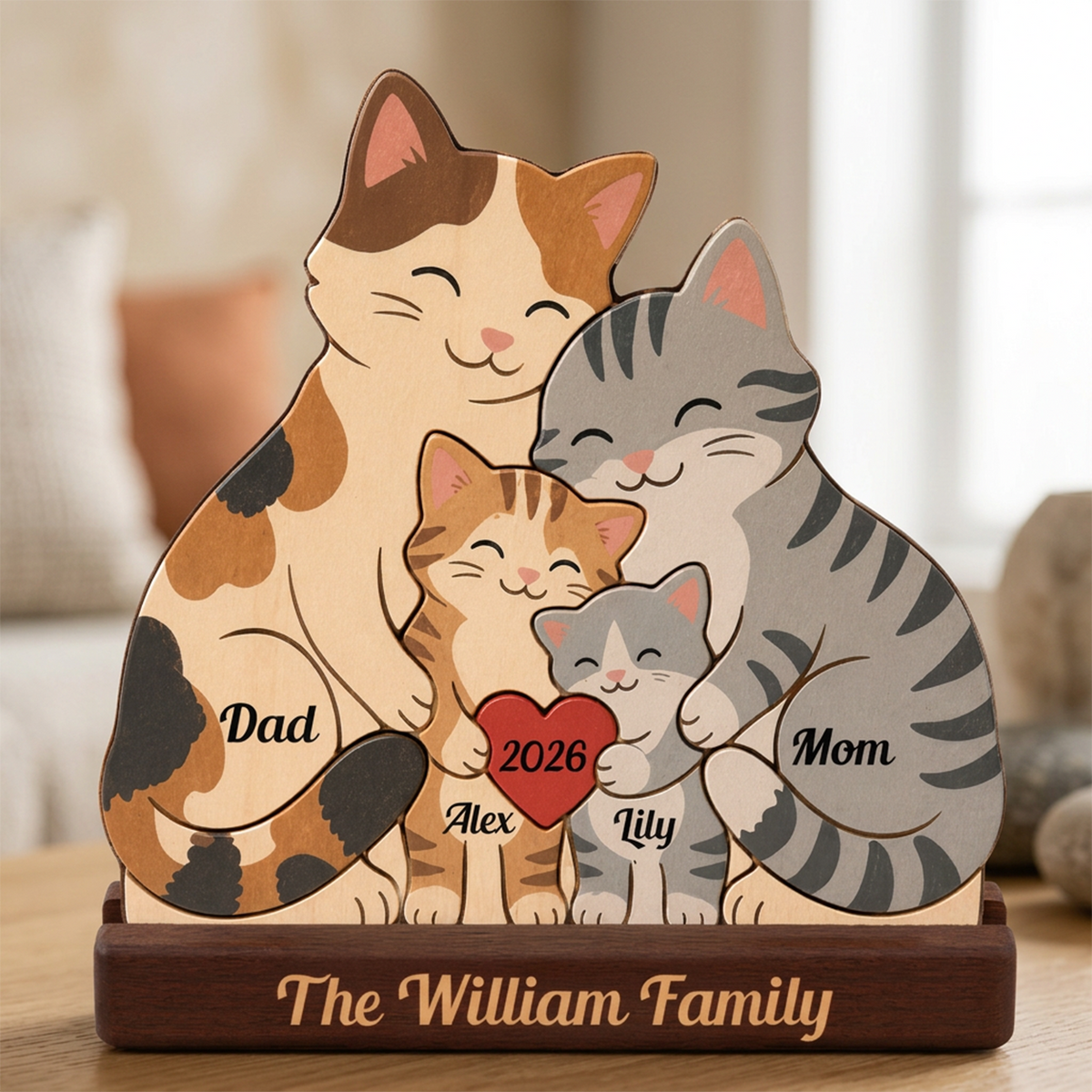 Personalized Cat Family Puzzle - Custom Premium Wooden Name Puzzle - Christmas Gifts