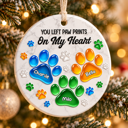 Personalized Pet Christmas Memorial Sympathy Gifts For Dogs, Cats - Pawprints On My Heart - Real 3D Relief Ornament
