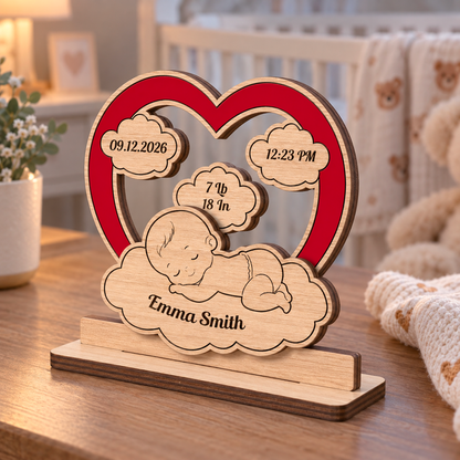 Christmas Baby New Born Heart - Personalized 2-Layer Wood Plaque With Flat Base