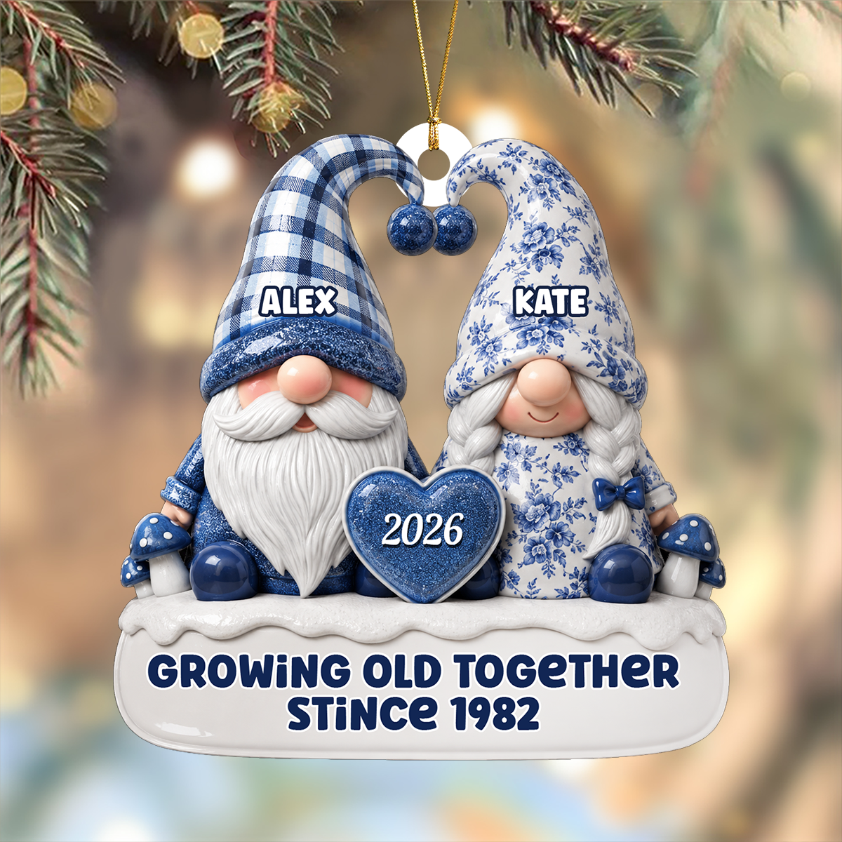 Toile De Jouy Pattern Gnome Couple - 3D Relief Ornament
