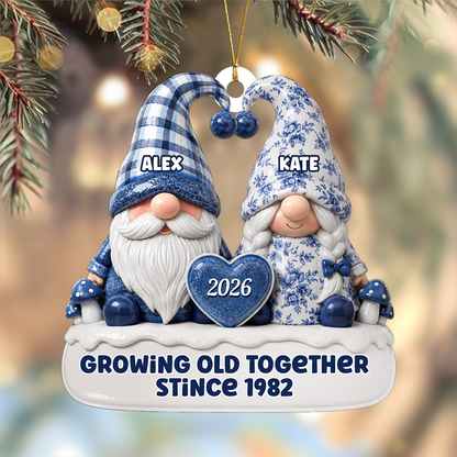 Toile De Jouy Pattern Gnome Couple - 3D Relief Ornament