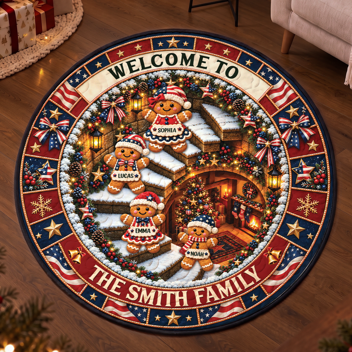 USA Family Shaped Doormat - Personalized Christmas Decor 3D Round Rug