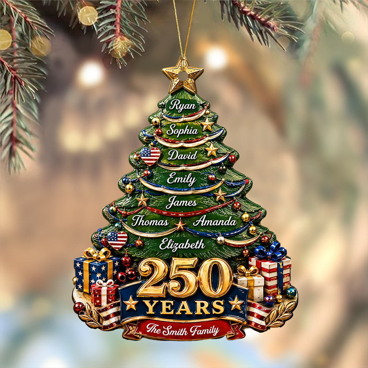 Christmas Tree Custom Family Name Personalized 250th America  - Real 3D Relief Ornament
