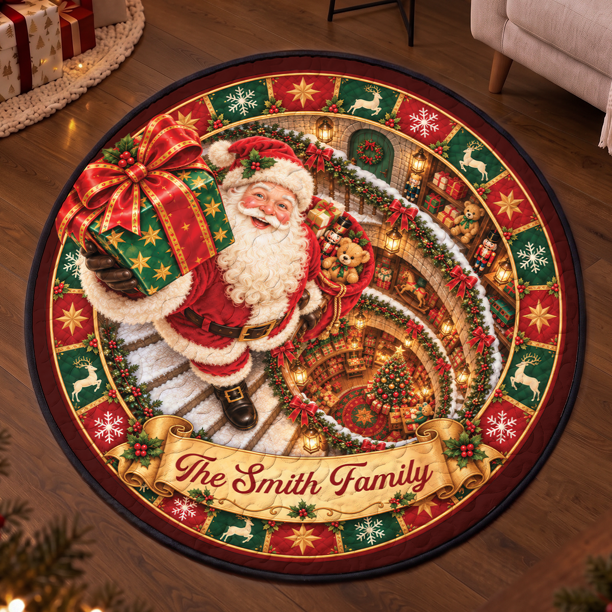 Sweet Holiday Joy Starts Here Family Shaped Doormat - Personalized Christmas Decor 3D Round Rug