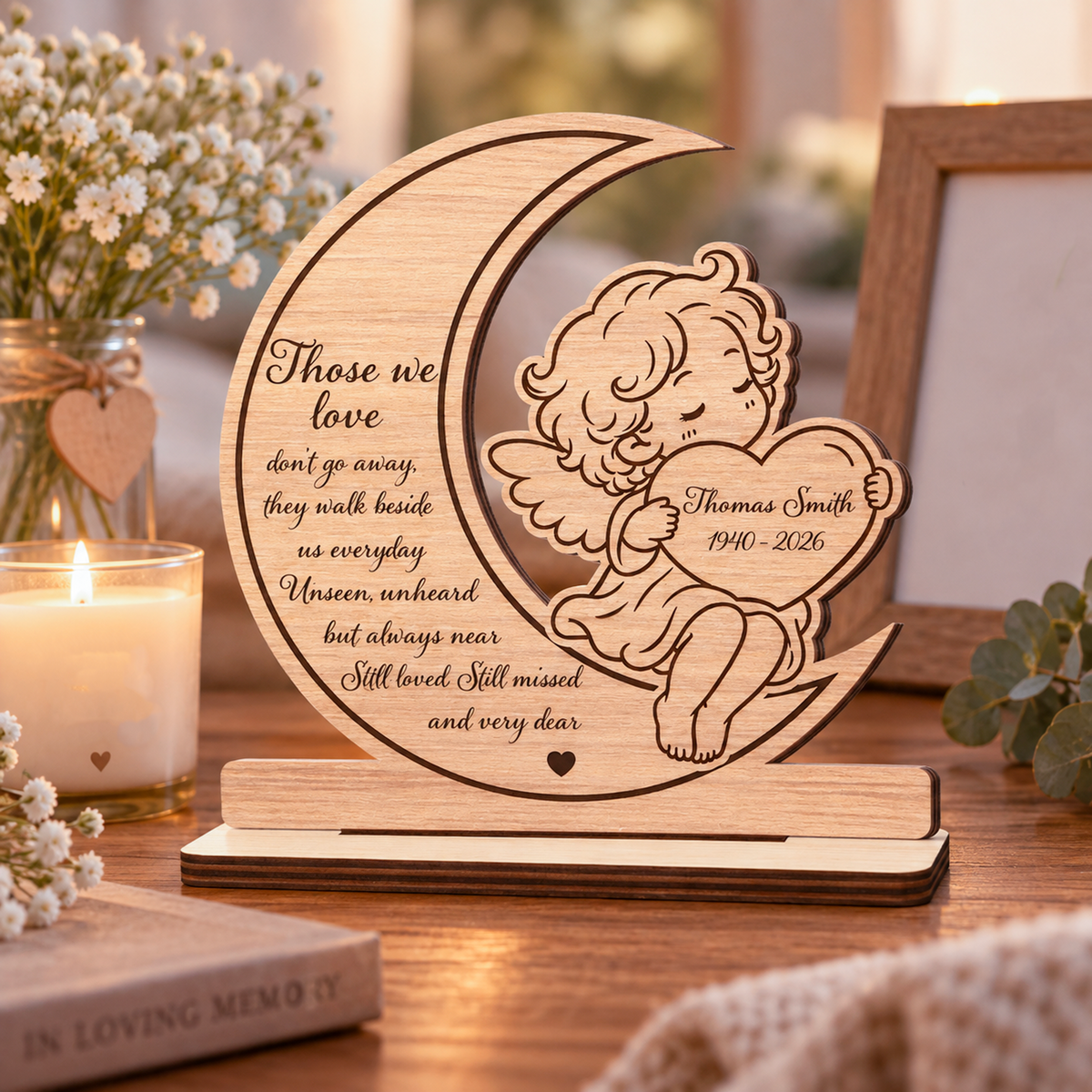 Memorial Angel - Personalized 2-Layer Wood Plaque With Flat Base