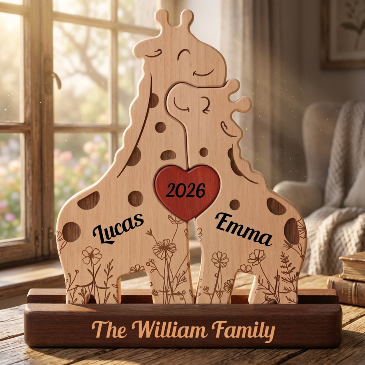 Personalized Giraffe Family Puzzle - Custom Wooden Name Puzzle