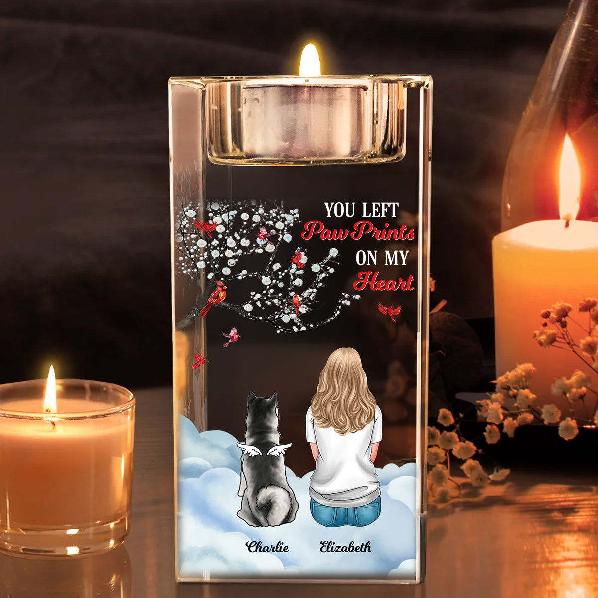 You Left Pawprints On My Heart - Personalized Crystal Candle Holder