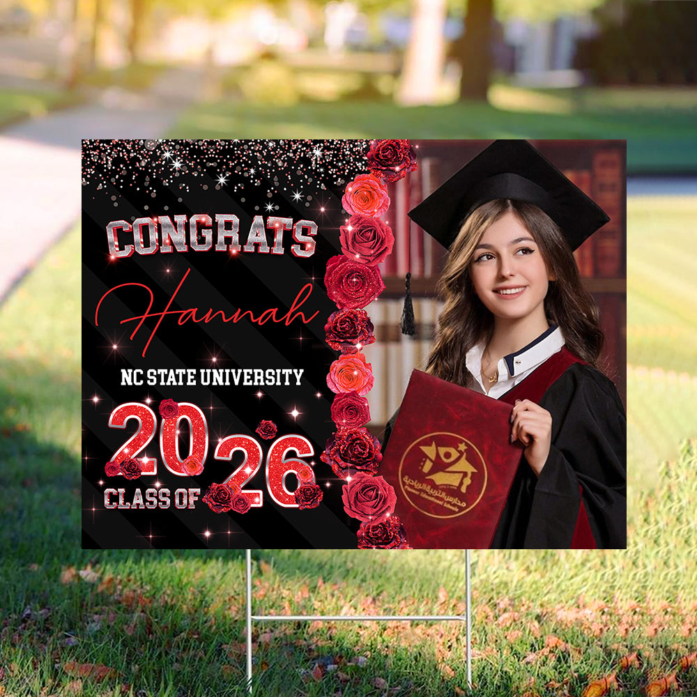 Class Of 2026 Roses Glitter Lawn Sign, Graduation Gift - Personalized Graduation Yarn Sign With Stake