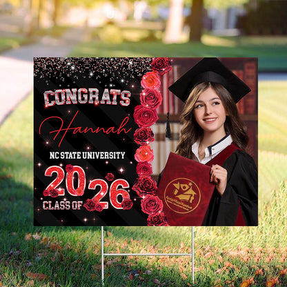 Class Of 2026 Roses Glitter Lawn Sign, Graduation Gift - Personalized Graduation Yarn Sign With Stake