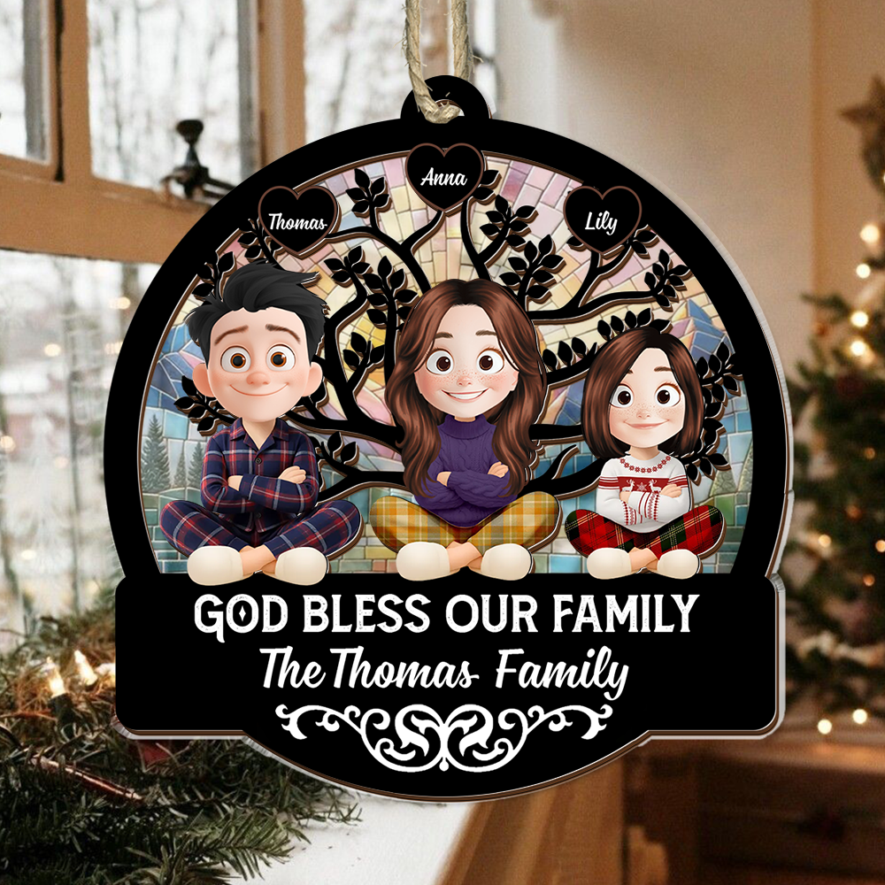 God Bless Our Family Christmas - Personalized Window Hanging Suncatcher Ornament