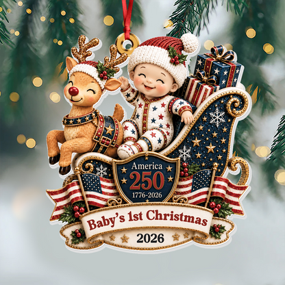 Baby's 1st Christmas In Sleigh America 250th Anniversary - Real 3D Relief Ornament