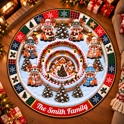 Our Little Reindeer Family Shaped Doormat - Personalized Christmas Decor 3D Round Rug