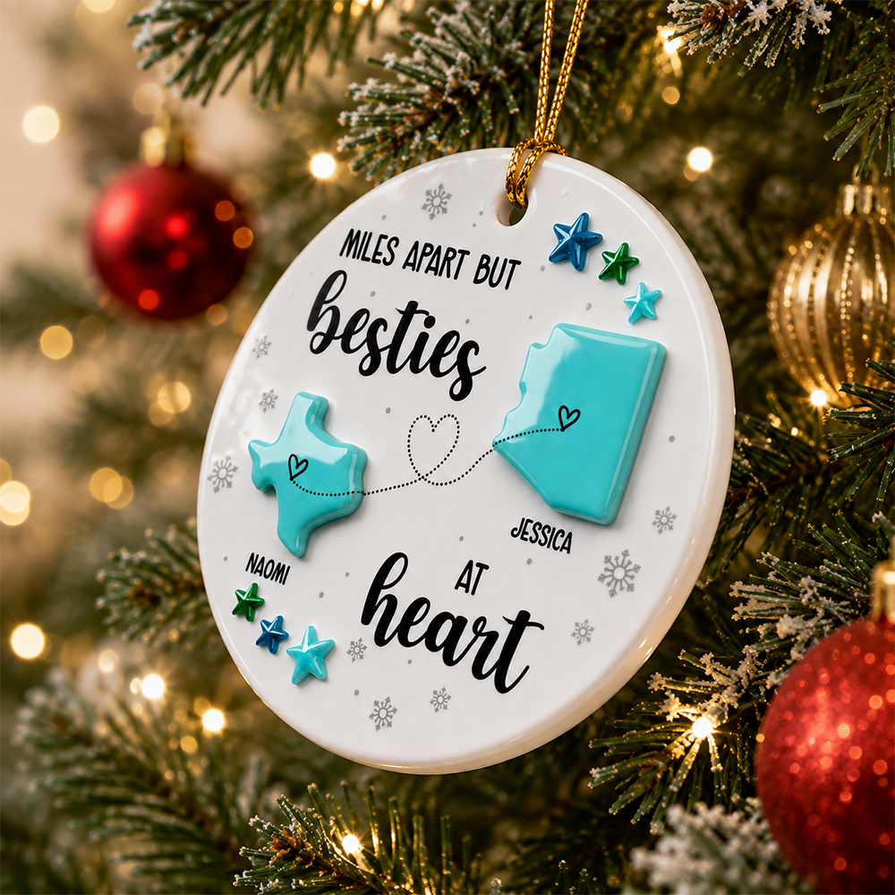Sea Glass Effect Christmas Long Distance State Maps Besties - Real 3D Relief Ornament 2