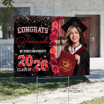 Class Of 2026 Roses Glitter Lawn Sign, Graduation Gift - Personalized Graduation Yarn Sign With Stake